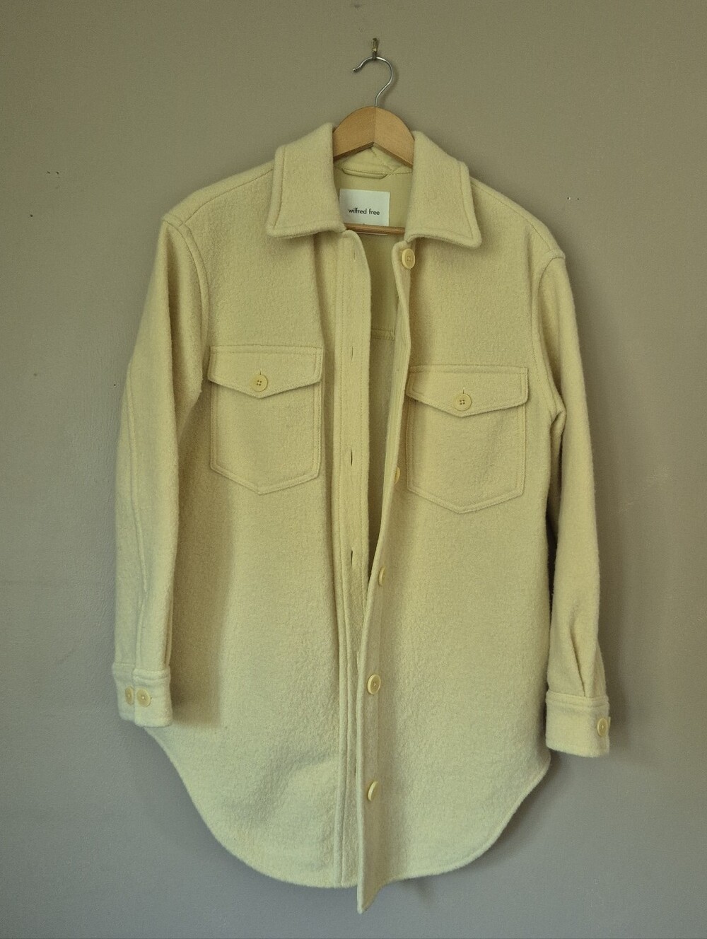 Wilfred Free Aritzia 100% Wool Light Yellow Button Up Jacket With Pockets